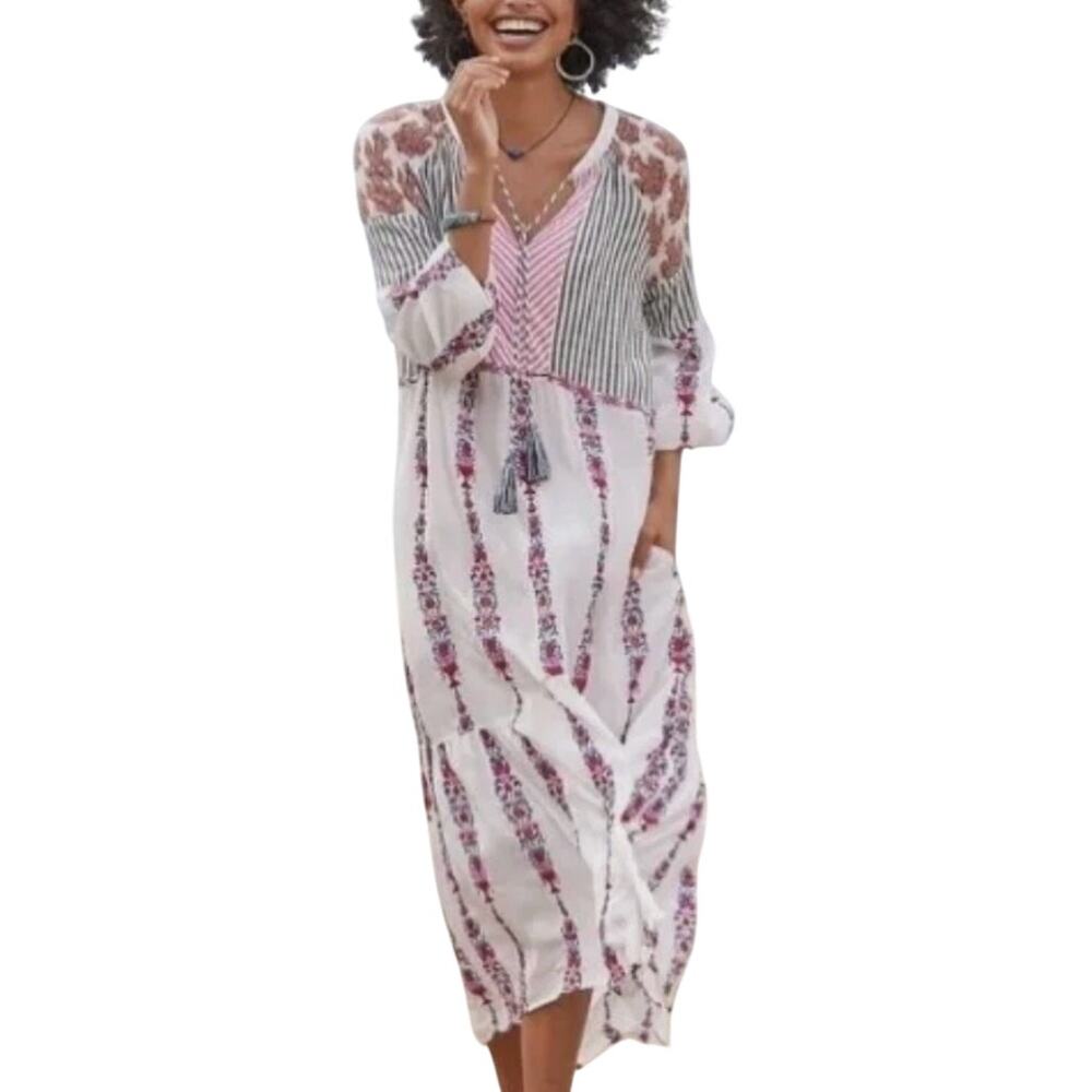 Sundance Laisella Maxi Embroidered Kaftan Floral Stripe Long Sleeve Boho Dress